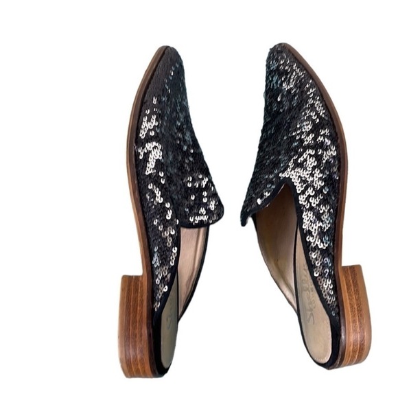 Shellys London Mule Loafers Shoes Sequin Pointed Toe Black Silver Sparkle Sz 36 - Picture 6 of 8